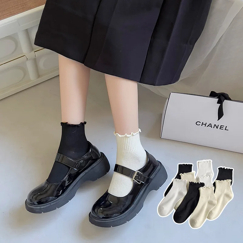 3 - مجموعة أزواج، جوارب نسائية، جوارب للكاحل للنساء، جوارب نسائية جميلة بإبرة مزدوجة بلون سادة بحافة من الدانتيل #4