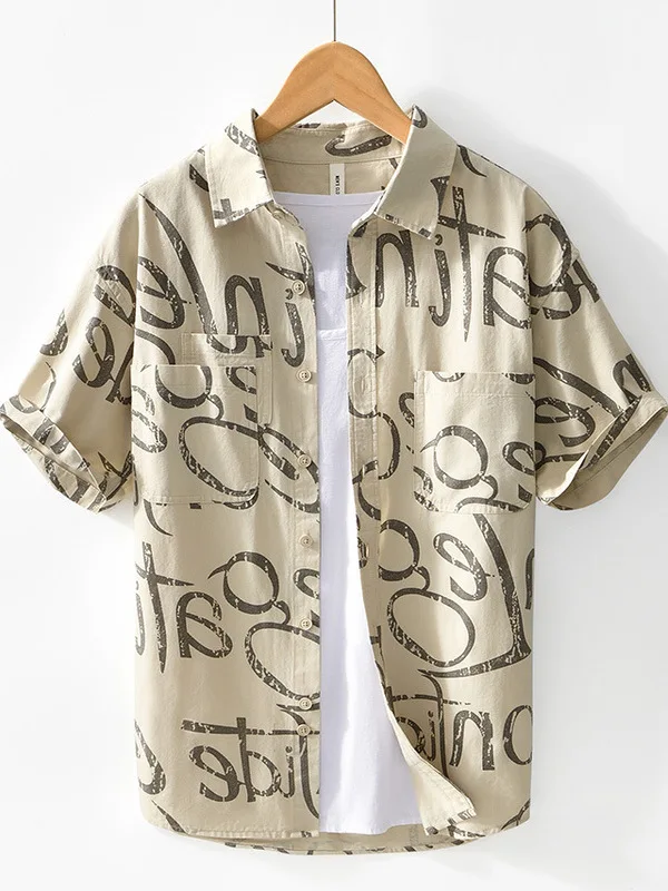 

Trendy Letter Print Cotton Casual Loose Men's ort Sve irt Breathable Comfortable Summer New Sle Faionable Design