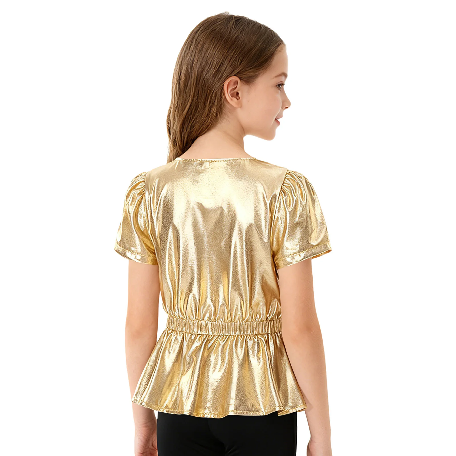 Dynamische danstop voor kinderen, meisjes, met metallic peplumzoom en elastisch tailleontwerp Veelzijdig prestatie-T-shirt voor jazz en hiphop