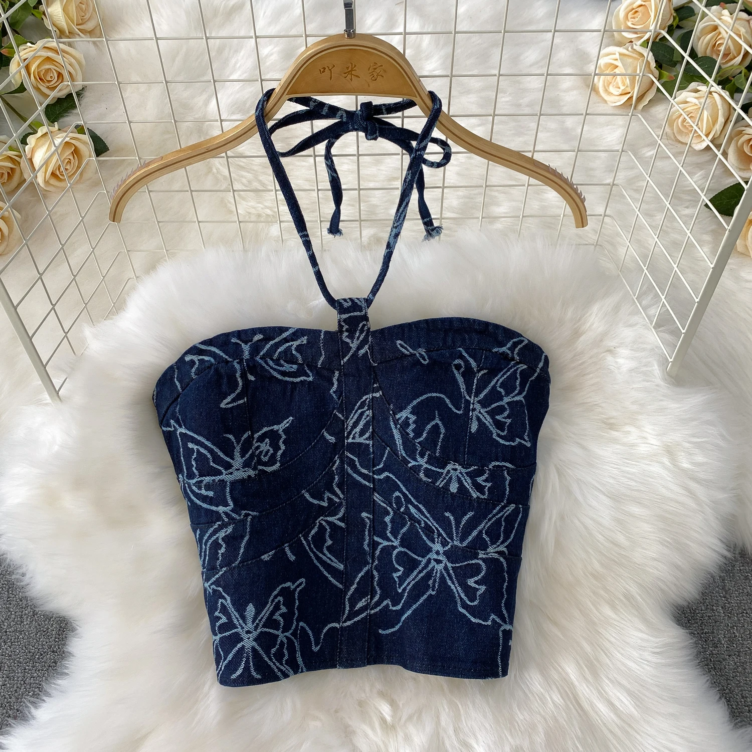 ผู้หญิงพิมพ์กางเกงยีนส์กางเกงสูทพิมพ์ผีเสื้อ Halter Neckr เสื้อ + กางเกงยีนส์เอวสูงผอมวันหยุดเสื้อผ้าชุด