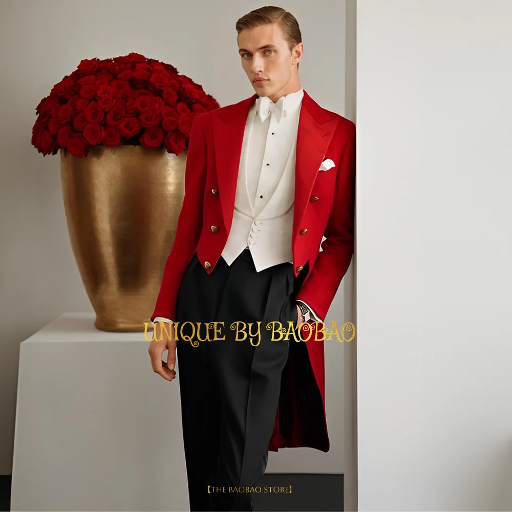 

Men's Red 3-piece Tuxedo (Long Jacket+Vest+Pants) Fashion Wedding Magician Singer Performance Gentleman Custom Polo Attire