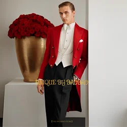 Men's Red 3-piece Tuxedo (Long Jacket+Vest+Pants) Fashion Wedding Magician Singer Performance Gentleman Custom Polo Attire