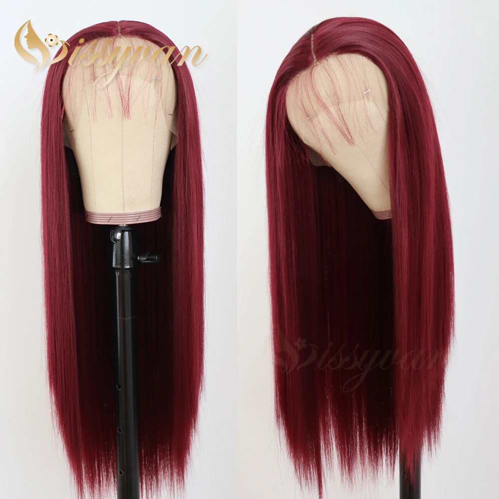 Missyvan Long Straight Burgundy Red Color 13*3 Lace Front Wigs Glueless Heat Resistant Synthetic Wig for Black Women