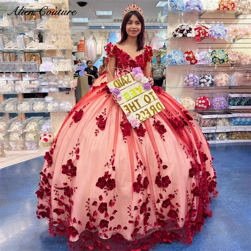 

Luxury Red Quinceanera Dresses Ball Gown Birthday Gown Bead 3d Flowers Appliques Sweet 15 Dress Vestidos Customized