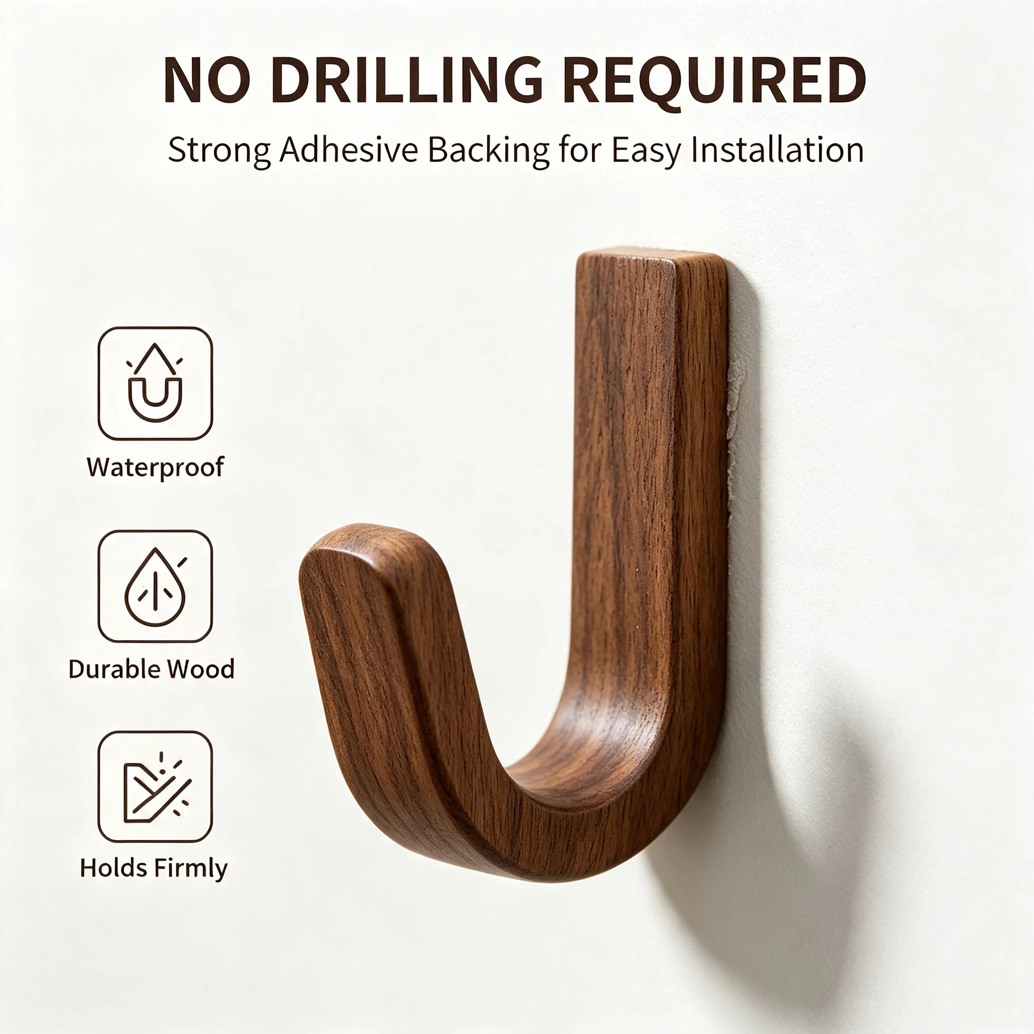 Self-adhesive Solid Wooden Wall Hook for Hanging Key Coat Towel Clothes Towel Bag Hanger Door Hook Coat Rack Entryway Key Holder