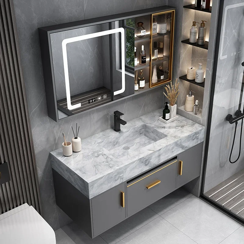 Modern Simple Smart Bathroom Cabinet Stone Plate Whole Washbin Bathroom Wash Wash Basin Pool Washbasin Cabinet Combination