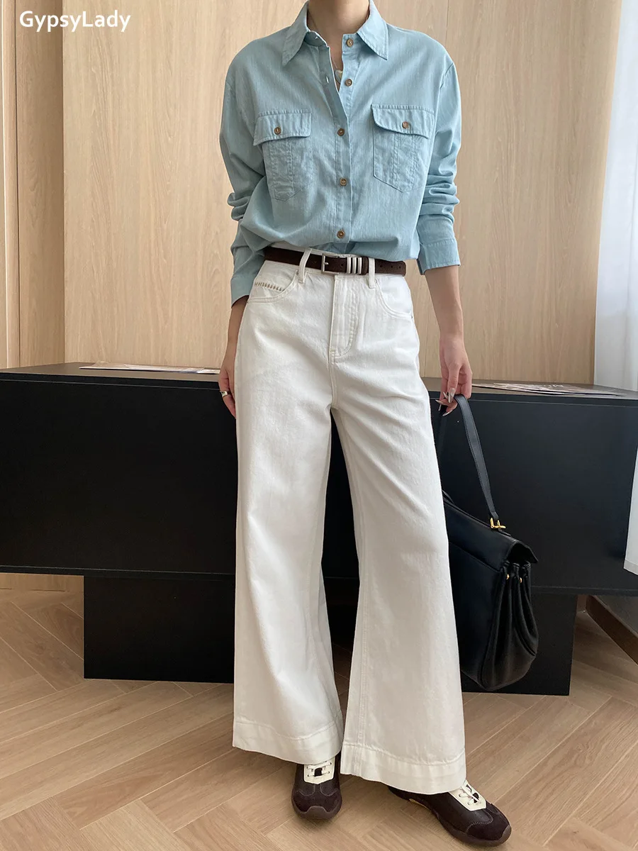 French Chic Elegant Blouse Shirt  Women Blue Linen Spring Autumn Women Long Sleeve Pocket Casual Office Ladies Top Shirts New