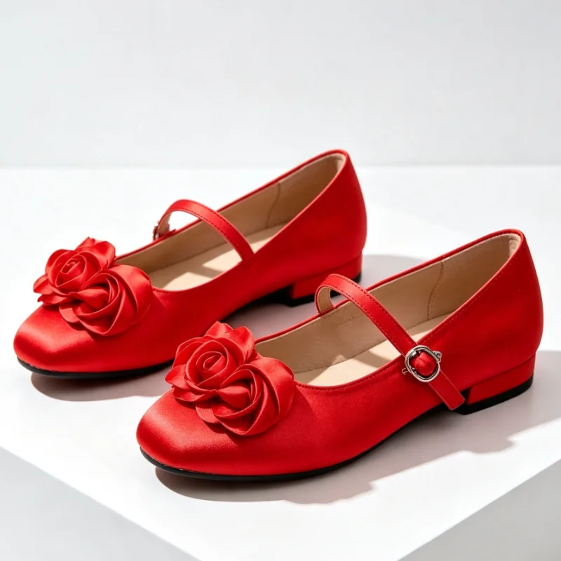 Sweet Satin Floral Detail Mary Jane Shoes Women Fashion Round-Toe Adjustable Buckle Ballet Shoes Elegant Wedding Party Shoes