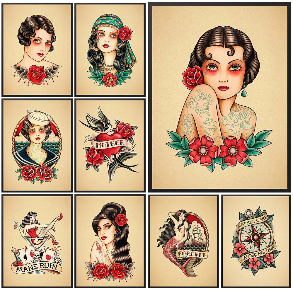 

Cartoon Sexy Girl Flower Tattoo Pattern Poster Wall Art Canvas Painting Home Decor Wall Pictures For Living Room Unframed