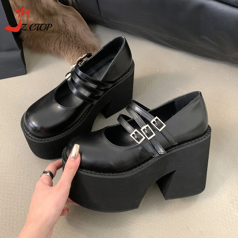 Kobiety Lolita wysokie obcasy masywne platformy pasek z klamrą buty Mary Jane 11CM bardzo wysokie czółenka kobiety Cosplay buty Punk Goth