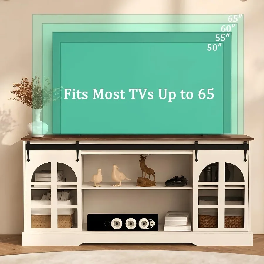 65 Inch TV Stand for Living Room, Farmhouse Entertainment Center: Solid Wood, White, Rustic Charm Ample Storage