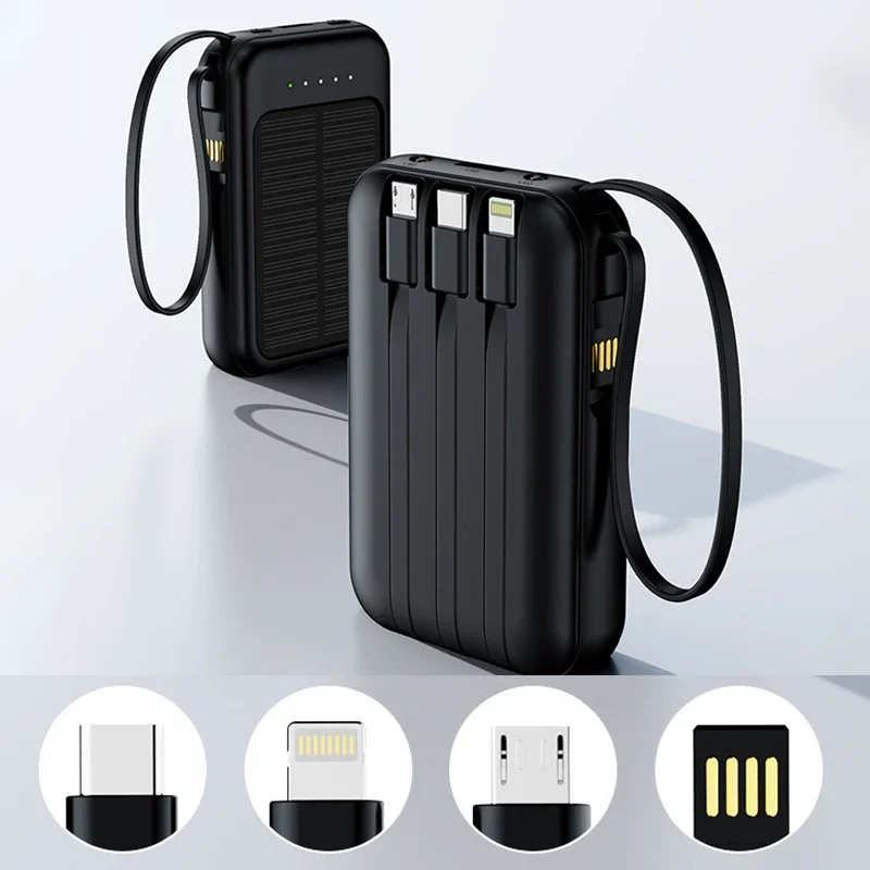 Solar Power Bank Eingebaute Kabel Tragbares Ladegerät Externer Ersatzakku Mini Powerbank mit LED-Licht für IPhone Xiaomi Huawei