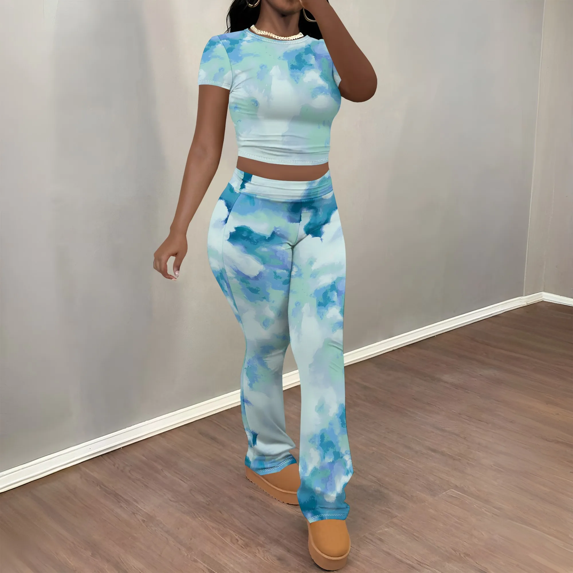 

Nupusa Tie - Dye Print Two - Piece Set Women Summer Short Sleeve Casual Outfit