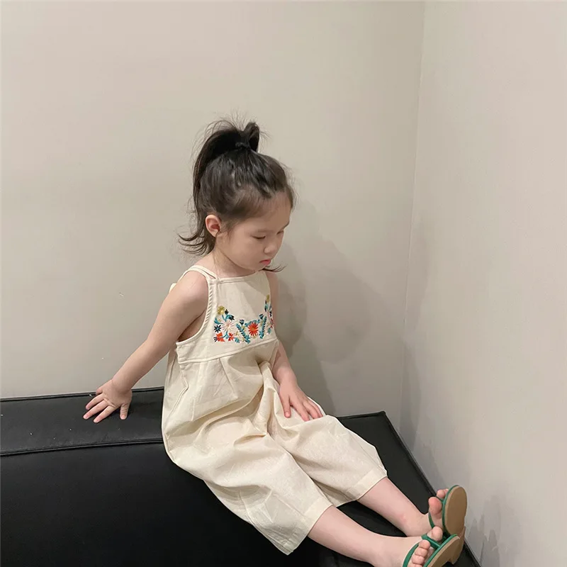 Summer Sweet Baby and Girls Cotton Loose Beige Embroidered Backless Strapped Jumpsuit Kids Slip Overalls Child Bodysuit 2-8Years