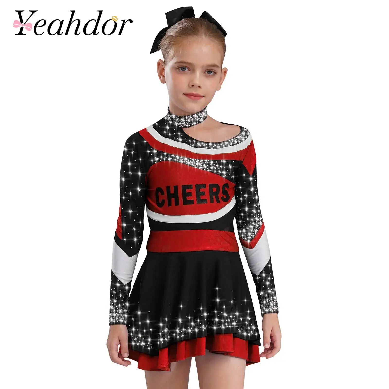 

Kids Girls Cheerleader Costume Cheerleading Uniforms School Cheer Dance Outfit Children Glittery Rhinestones Cheerlead Uniforms