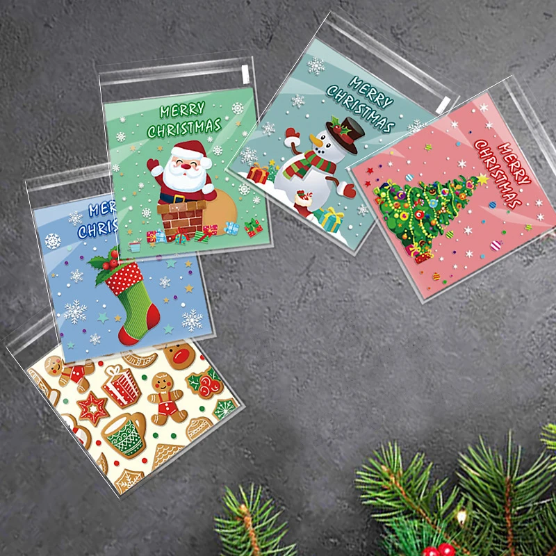 100pcs Christmas Treat Bags - Self-Sealing, Disposable Opp Candy & Cookie Pouches With Festive Cartoon Designs For Holiday Gift