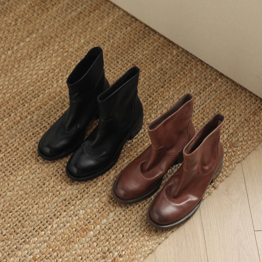 

New 2026 Trend Winter Genuine Leather Women Chelsea Ankle Boots Low Block Heels Round Toe Slip on Short Boots( Black/Brown)