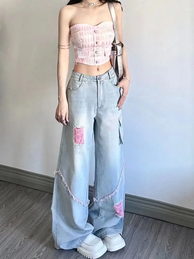 Jeans Hole High Waist Vintage Blue Women Worn-Out American Fashion Y2K Streetwear Wide Leg Jean Female Trouser Baggy Denim Pants