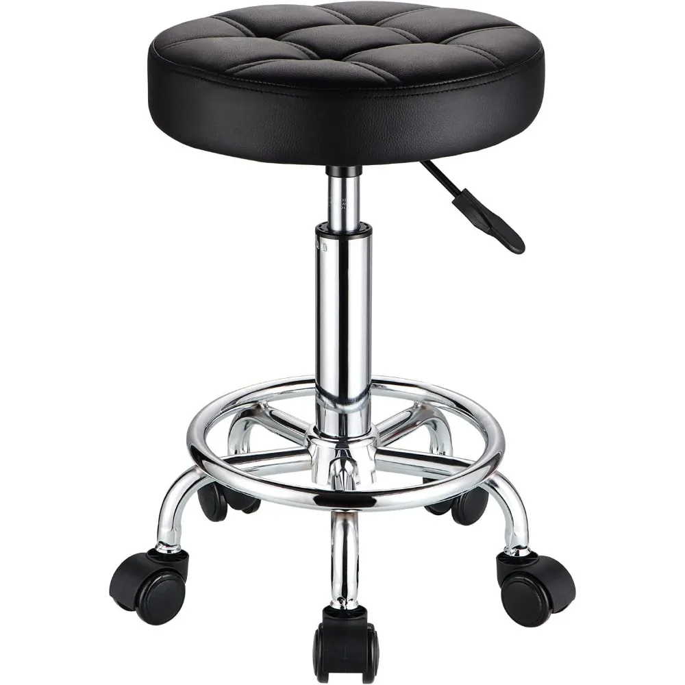 Round Rolling Stools PU Leather Seat Height Adjustable Swivel Stool with Wheels Black