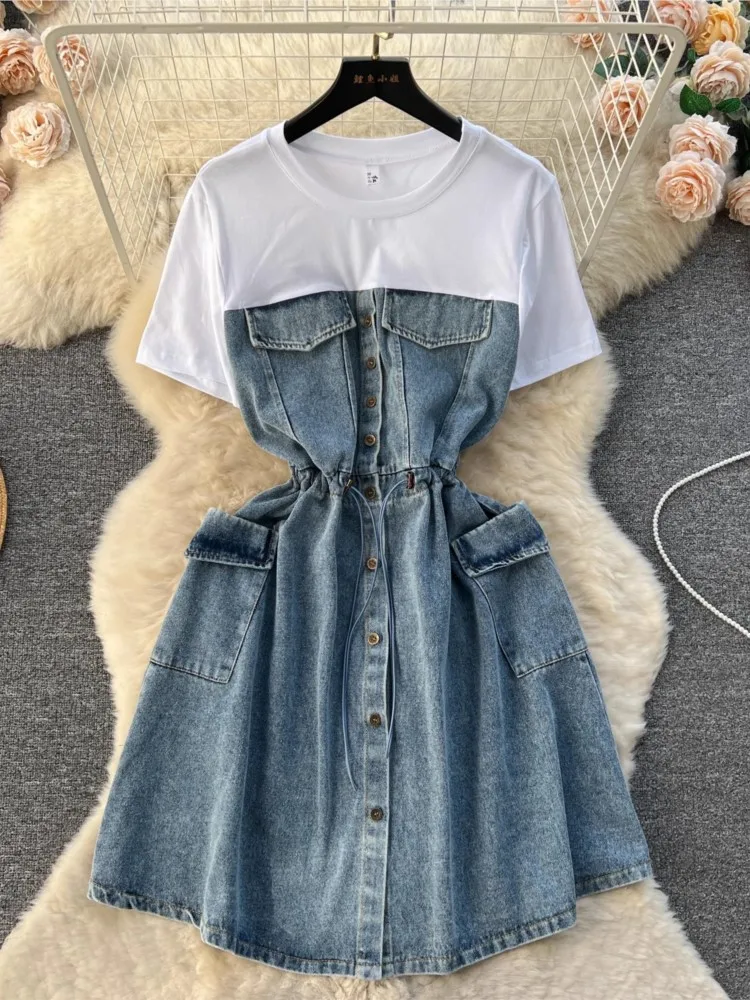 Moda damska jednorzędowa sukienka jeansowa letnia w stylu Vintage Patchwork odzież typu Streetwear z krótkim rękawem Vestidos damska odzież codzienna