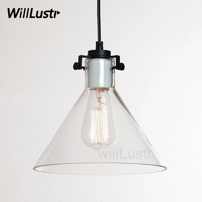 

Clear Glass Funnel Pendant Lamp Vintage Suspension Light Edison Filament Bulb Cafe Hotel Dining Room Hanging Ceiling Chandelier