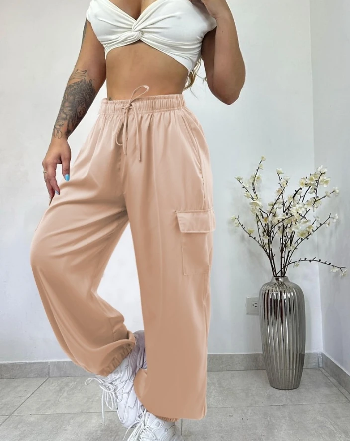 

Fashion Casual Women's High Waisted Sports Long Pants 2024 Spring Pocket Design Elastic Waist Drawstring Cuffed Cargo Pants