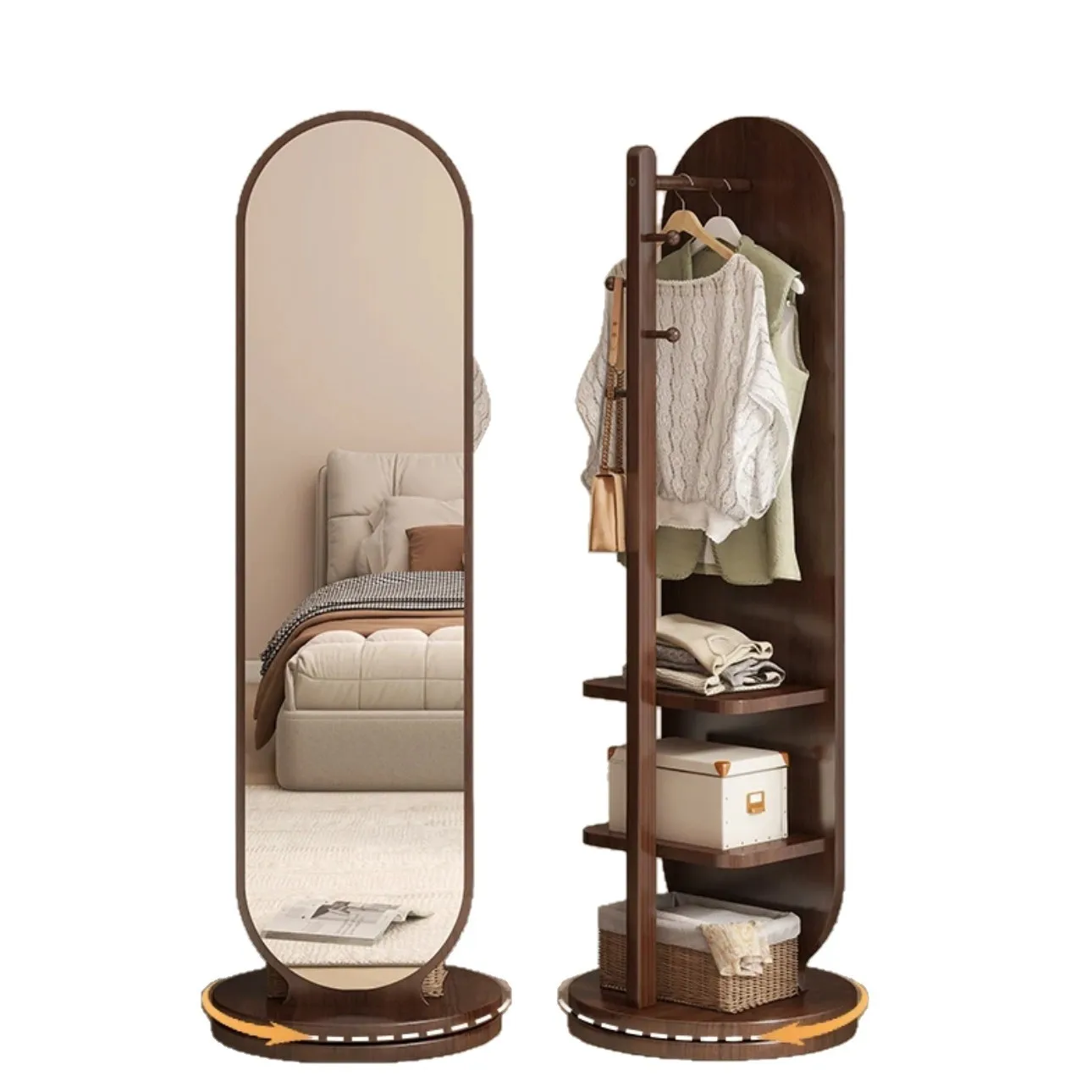

Solid wood rotation, full-length mirror, full-body floor household coat rack, mirror