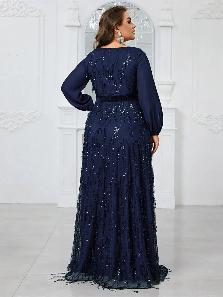 Plus Size Round Neck Black Sparkling Sequins Long Sleeve Floor-Length Evening Gown 4LX 5XL Big Size Marriage Prom Gown Women