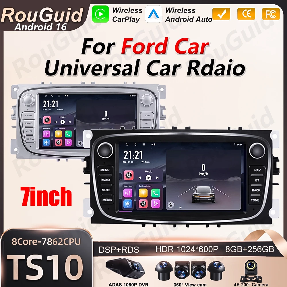Android 16 Auto Car Radio For Ford Focus MK2 S-Max Mondeo Galaxy C-Max Kuga Wireless Carplay Multimedia Car Stereo BT Navigation