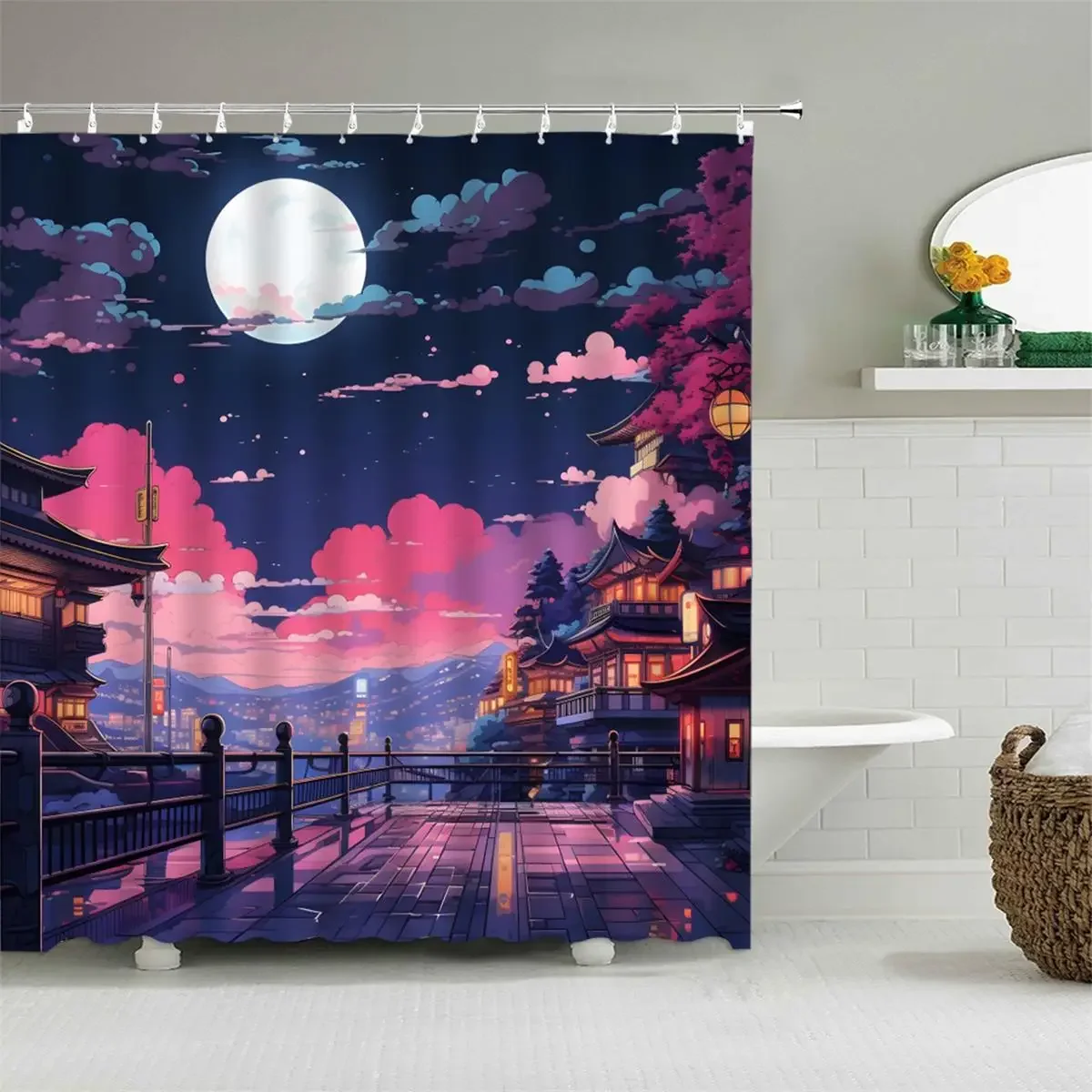 Japan Tokyo Shower Curtain Manga City Night Sky Moon Cherry Blossom Loft Print Polyester Fabric Bathtub Partition Bathroom Decor