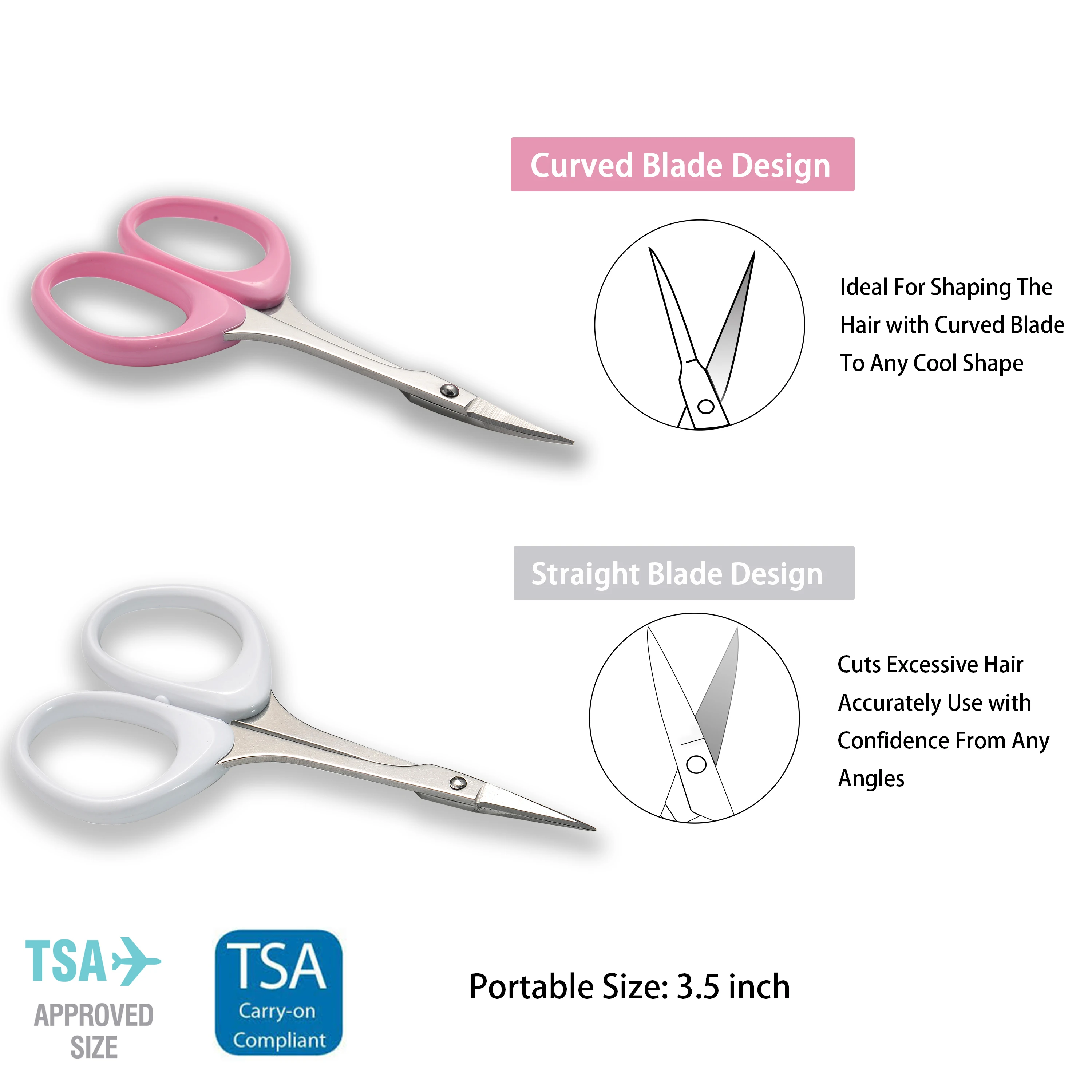 Juego de tijeras de aseo de cejas curvadas y rectas de acero inoxidable con cubierta de seguridad para recortar extensiones de pestañas