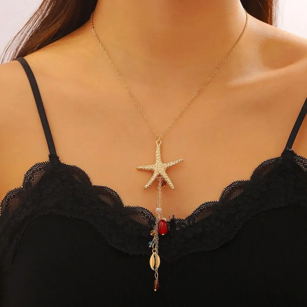 Boho Chic Jewelry Bohemian Sea Star Shell Jewelry Set Ocean-inspired Starfish Charm Necklace Earrings Rhinestone Tassel Beach