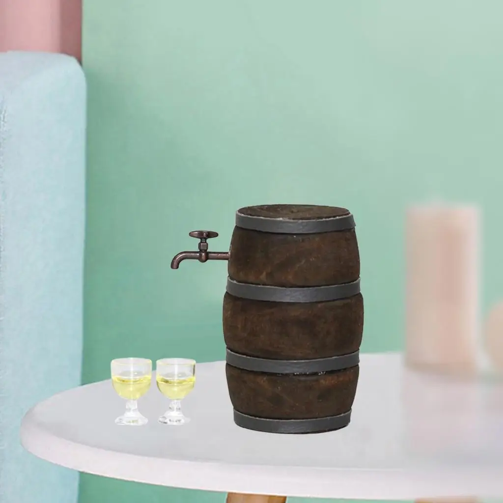 บาร์เรลไวน์จิ๋วสำหรับบ้านตุ๊กตา ถังเบียร์ไม้จิ๋ว เฟอร์นิเจอร์บาร์ครัวบ้านตุ๊กตา อุปกรณ์ตกแต่งสำหรับสเกล 1:12
