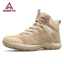 Sapatos esportivos de couro respirável Humtto masculino, sapatos de caminhada ao ar livre, botas de trekking, tênis de trabalho, camping, inverno