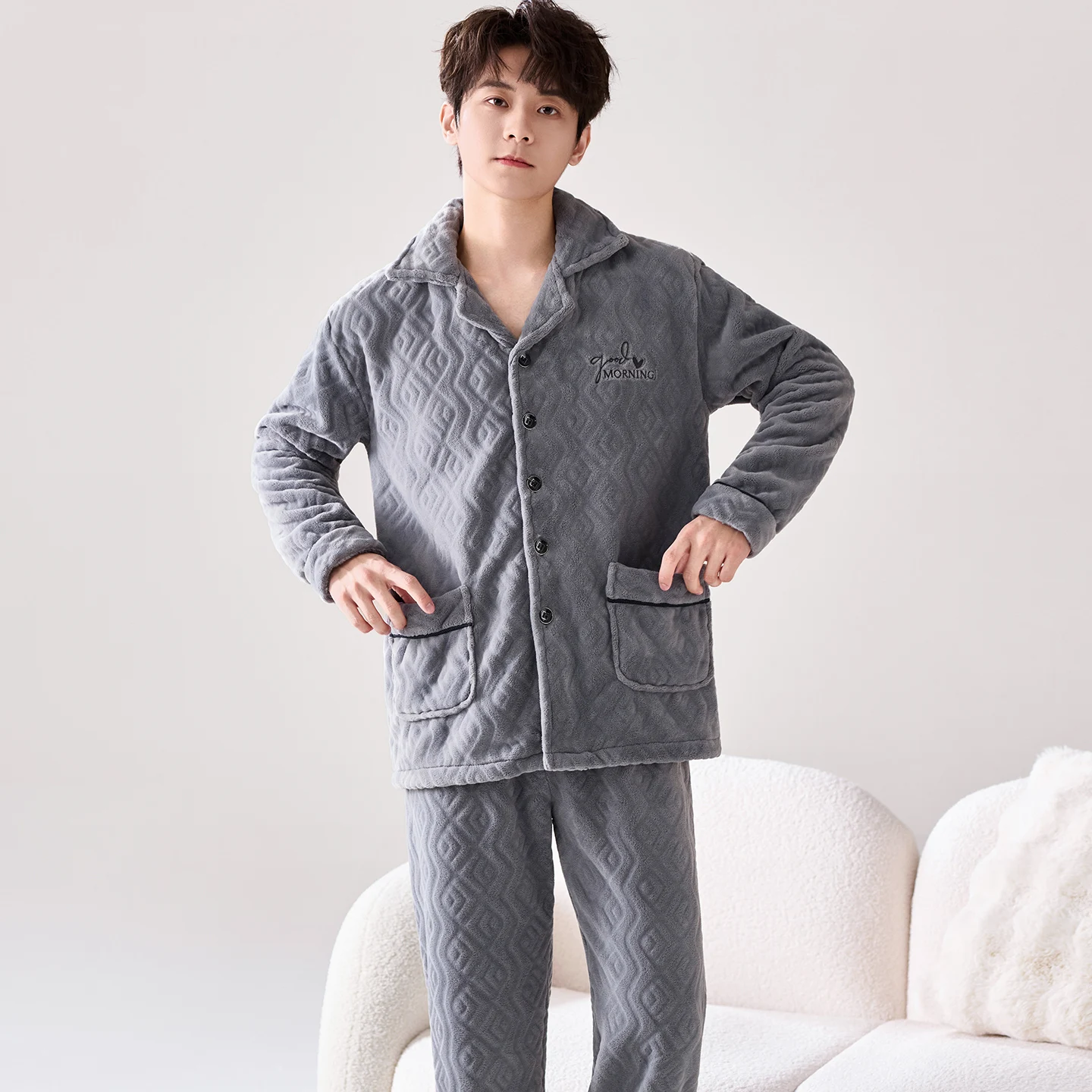 Coral Fleece Button Cardigan Pajamas Winter Men Pyjamas Set Thick Warm Flannel Male Sleepwear Home Clothing Lapel Pajamas Suit