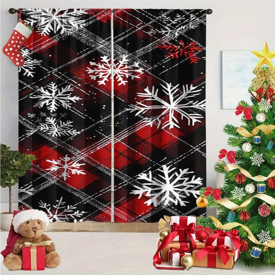2PCS Christmas Winter Curtains, Plaid Snowflake Black Red Tartan Hand Drawn, Digital Print, Bedroom Living Room, Home Decor