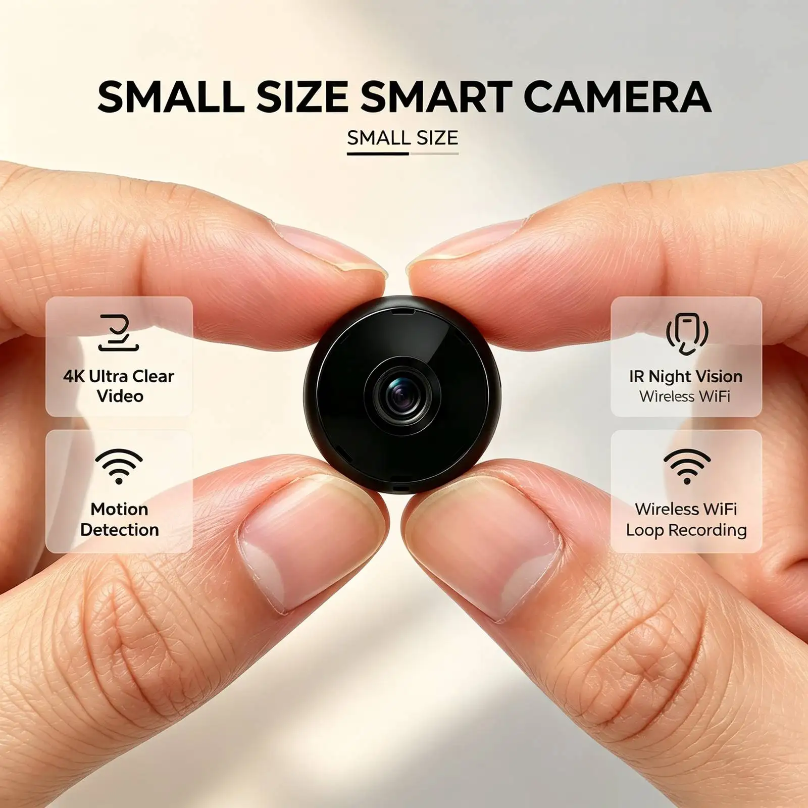 Mini WiFi Security Camera, 4K Ultra HD tiny surveillance cam with infrared night vision, motion detection alert, loop recording. Compact portable design for home, office, car indoor monitoring. Real‑time phone remote view, easy setup