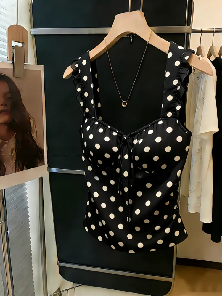 

Black Polka Dot Knot Sleeveless Tank Top Women's Summer New Sweet Short Top Korean Style Slim Fit round Neck