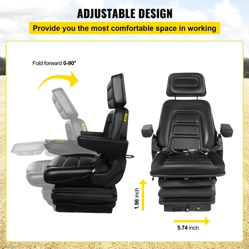 VEVOR Replacement Tractor Seat Suspension Angel Adjustable with Seat Belt and Lock for Mowers Excavators Graders Wheel Loaders