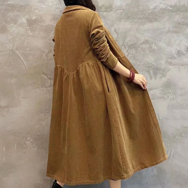 New Women Long Trench Coat Single-Breasted Long Sleeves Corduroy Overcoat Fashion Spring Autumn Casual Windbreaker Jacket Brown