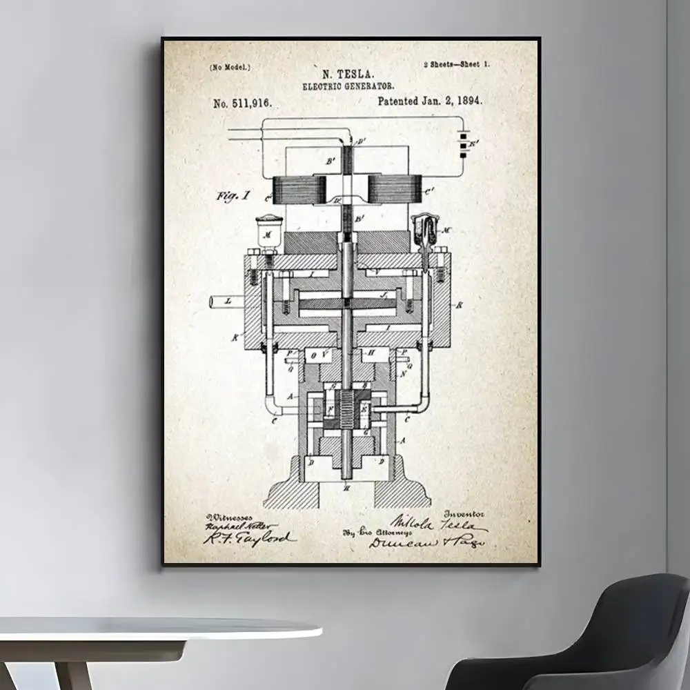 نيكولا تيسلا موتور براءة اختراع مخطط الفن قماش HD الجمالية ورق طباعة جدار الفن لغرفة المعيشة بار ديكور المنزل الموضة