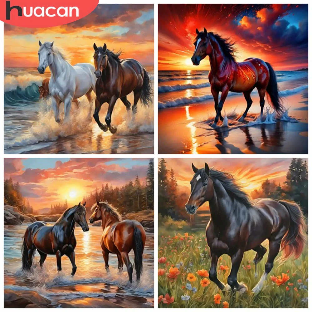 HUACAN Full Diamond Painting Animal Horse New Arrivals Diamond Mosaic Sunset Embroidery Beach Wall Decor Craft Kit