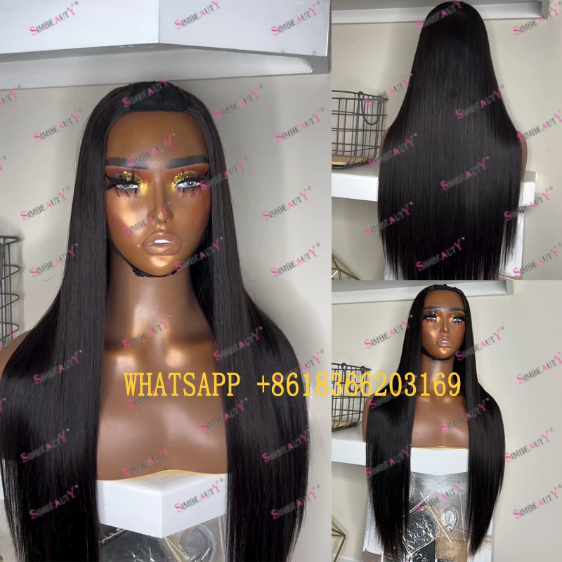 Silky Straight Remy Human Hair 1X4 Size Opening U Part Wigs for Black Women Super Long 30Inch Soft Natural Look Jet Black Wigs