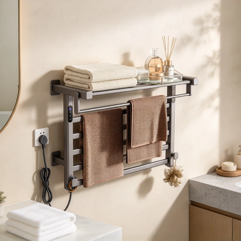 Smart Heated Towel Rack Carbon Fiber Electric Bathroom Warmer with Voice Control Left Side Connection Gray Aluminum Frame