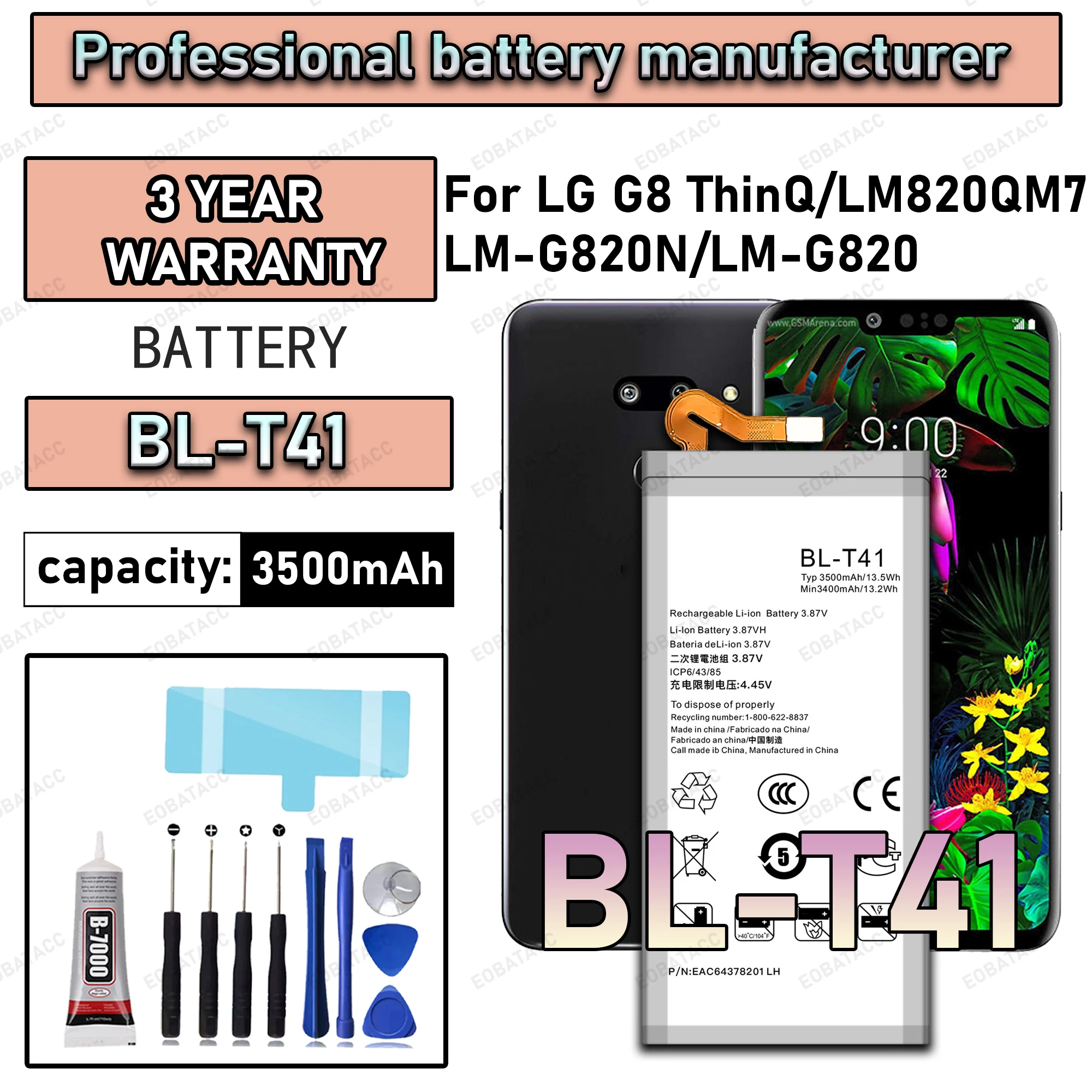 

100% New Zero Cycle BL-T41 Battery For LG G8 ThinQ/LM820QM7/LM-G820N/LM-G820 Replacement Bateria +Free Tools