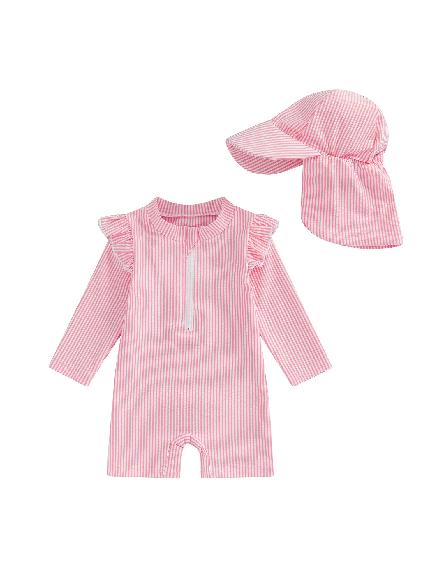 Infant Girls Floral Print  Swimsuit with Sun Hat 2 Pcs Set Ruffled Trim Zip Up Long Sleeve Swimwear Beachwear
