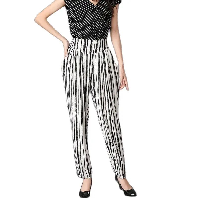 

2023 New Summer Korean Fashion Striped Printed Harem Pants For Women Casual Loose Elastic High Waist Pockets Trousers Female