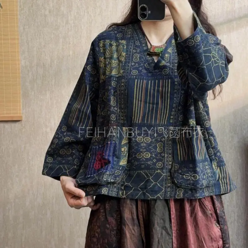 Spring Autumn Arts Style Women Long Sleeve V-neck Loose Tops Tees All-matched Casual Double Pockets Vintage Print T-shirt F59