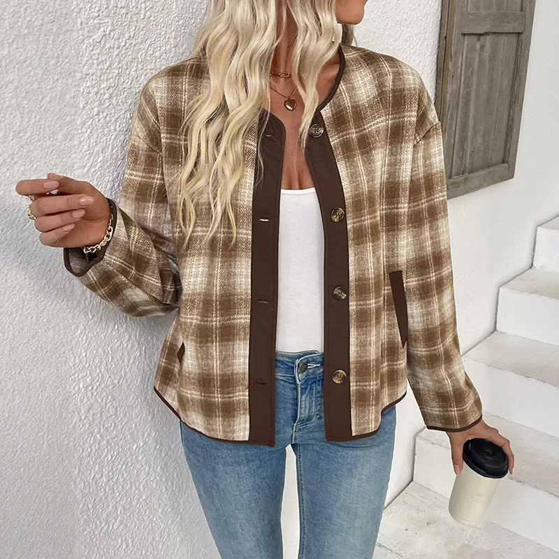 

2025 Autumn and Winter Brushed Thickened Women's Plaid Design Jacket Casual Plaid Cardigan Coat Women