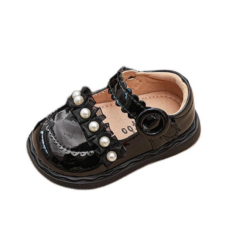 Bright Patent Leather Shoes For Toddler Girls, Black Beige Baby Woman Walkers With Pearls,Cute Lace Ruffles Infant Autumn Shoes